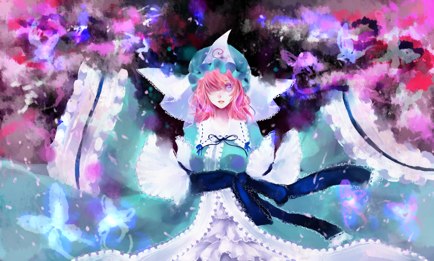 aqua_dress arm_garter bad_id bad_pixiv_id bangs black_ribbon blue_kimono blue_ribbon breasts bug butterfly depressed dress frilled_shirt_collar frilled_sleeves frills glowing hair_over_one_eye hat highres insect japanese_clothes kimono lace lips looking_away looking_to_the_side medium_breasts minase_(mmakina) mob_cap multicolored_hair neck_ribbon obi pale_skin parted_lips pink_eyes pink_hair purple_eyes ribbon saigyouji_yuyuko sash short_hair sleeves_past_wrists solo teeth touhou traditional_media triangular_headpiece veil wide_sleeves