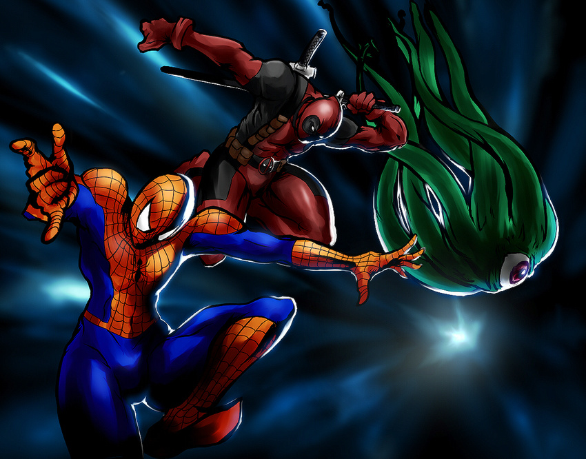 3boys capcom deadpool katana male male_focus marvel marvel_vs._capcom marvel_vs._capcom_3 marvel_vs_capcom marvel_vs_capcom_3 multiple_boys negresco shuma_gorath spider-man spider-man_(series) sword tentacle weapon