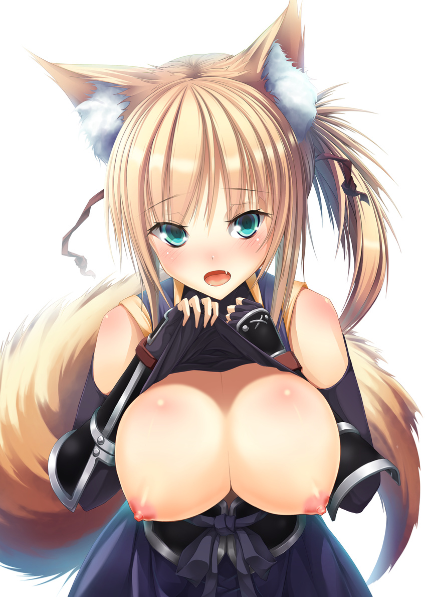 animal_ears aqua_eyes armor bad_id bad_pixiv_id bare_shoulders blonde_hair blush breasts brown_hair dog_days elbow_gloves fang fingerless_gloves fox_ears fox_tail gauntlets gloves green_eyes highres japanese_clothes large_breasts looking_at_viewer nipples open_mouth ponytail re:n_ne shirt_lift solo tail yukikaze_panettone