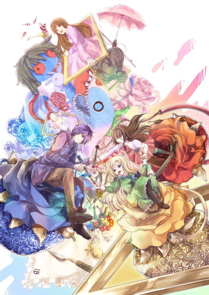 3girls :d absurdres anglerfish apple black_legwear blonde_hair blue_eyes blue_flower blue_rose bouquet brown_eyes brown_hair closed_eyes doll doll_(ib) dress flower food fruit garry_(ib) handkerchief highres holding_hands ib ib_(ib) iroha_(shiki) jacket juggling long_hair mary_(ib) md5_mismatch monster multiple_girls open_mouth paintbrush palette_knife pants pantyhose picture_frame pink_flower pink_rose purple_eyes purple_hair red_flower red_rose rose sharp_teeth short_hair sitting skirt smile teeth thorns umbrella veil wedding_dress yellow_flower yellow_rose