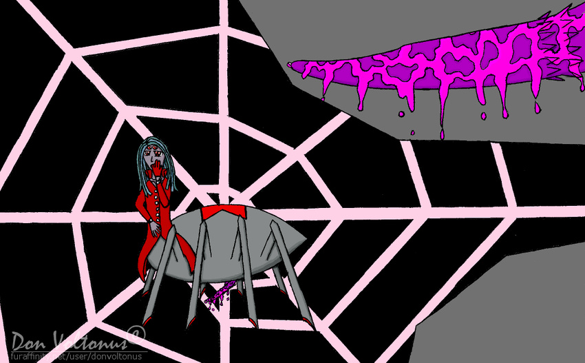 arachnid arthropod barbs blue_hair bottomless claws close-up clothed clothing dickgirl donvoltonus erection finger_in_mouth gloves goo hair half-dressed hybrid insect intersex leather long_hair looking_at_viewer monster monster_girl multiple_eyes penis red_eyes slime solo spider taur web
