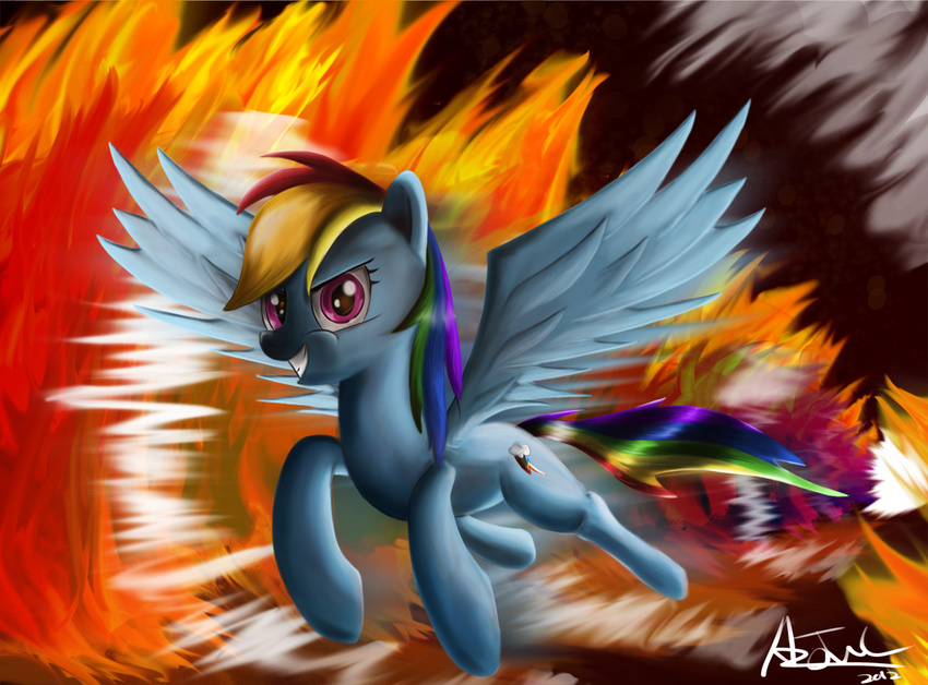 abstract_background aeronjvl cutie_mark equine female feral fire flying friendship_is_magic hair horse mammal multi-colored_hair my_little_pony pegasus pony purple_eyes rainbow_dash_(mlp) rainbow_hair smile solo wings