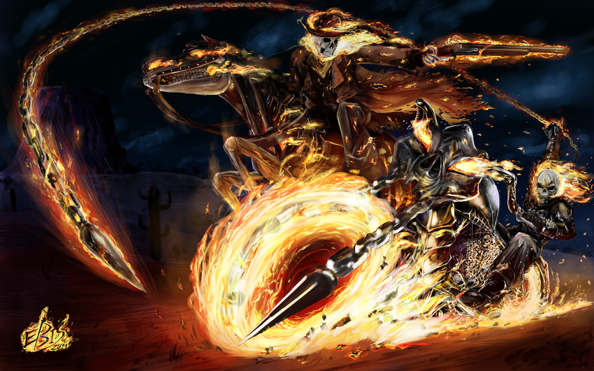 2boys aburae-mamire chains fire ghost_rider gun highres horse marvel motor_vehicle motorcycle multiple_boys skull vehicle weapon