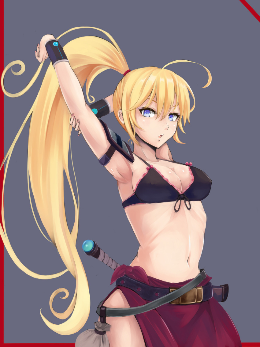 ahoge arm_up armpits bad_id bad_pixiv_id belt bikini_top blonde_hair blue_eyes breasts cleavage front-tie_top grey_background highres irohasu large_breasts long_hair navel original ponytail simple_background solo stomach sword weapon