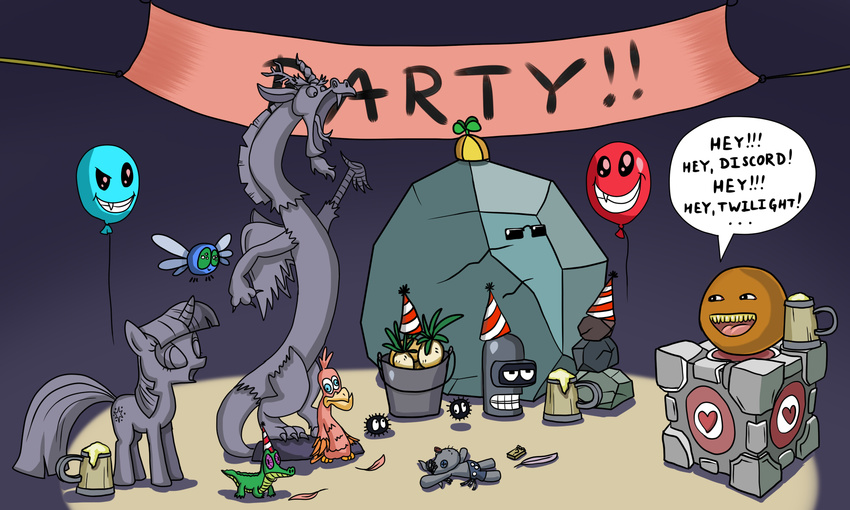 :d alcohol alexmakovsky alligator annoying_orange avian balloon balloons banner beer bender bender_bending_rodr&#237;guez beverage bird blue_eyes chicken cup cutie_mark dialog dialogue discord_(mlp) doll draconequus english_text equine eyewear feather female feral food friendship_is_magic frozen futurama goo grin gummy gummy_(mlp) hat hi_res horn horse looking_at_viewer male mammal mr_turnips_(mlp) mug my_little_pony open_mouth orange orange_(fruit) parasprite_(mlp) party_hat philomena_(mlp) plushie pony portal_(series) purple_eyes reptile rocky_(mlp) sautes scalie sculpture simple_background smartypants_(mlp) smile statue sunglasses teeth text tom_(mlp) tongue twilight_sparkle_(mlp) unicorn valve weighted_companion_cube world_of_goo yelling