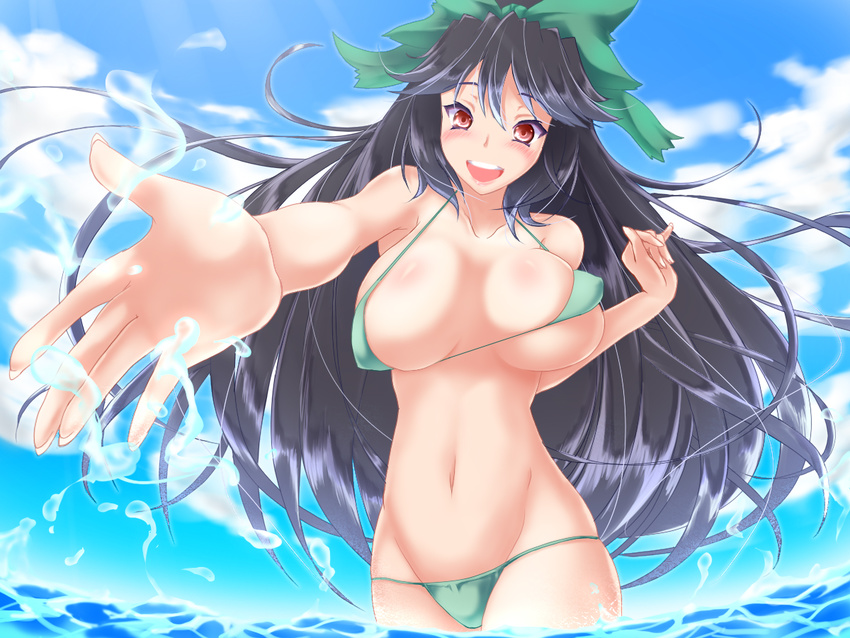 :d bikini black_hair blush bouncing_breasts breasts groin large_breasts long_hair navel negamaro open_mouth outstretched_arm reiuji_utsuho smile solo swimsuit touhou water