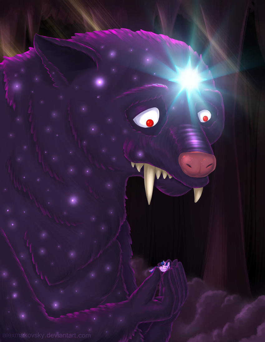 absurd_res alexmakovsky ambiguous_gender bear canine detailed_background equine eyes_closed fangs female forest friendship_is_magic glowing hair hi_res horn horse macro male mammal micro my_little_pony pink_hair pink_nose pony purple_hair red_eyes spirit stars tree twilight_sparkle_(mlp) two_color_hair two_tone_hair unicorn ursa_major_(mlp) wolf wood