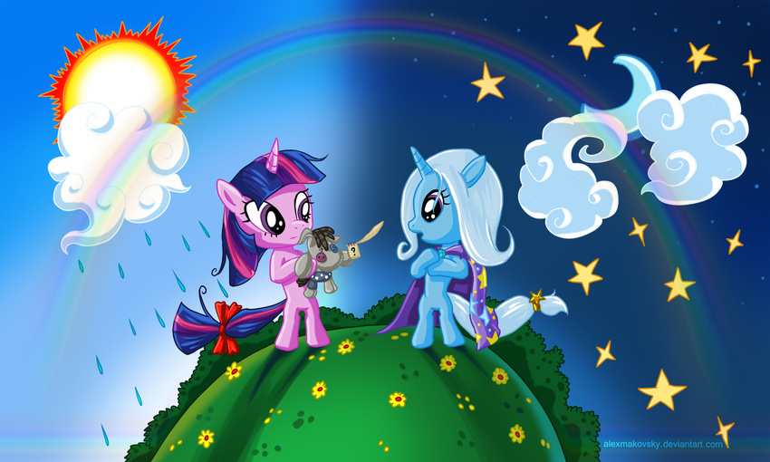 ? abstract_background alexmakovsky bow cape clothing cloud clouds crescent crescent_moon doll equine feather female flower friendship_is_magic grass hair hi_res horn horse mammal moon my_little_pony open_mouth pants pink_hair planet pony purple_eyes purple_hair rain rainbow smartypants_(mlp) sun trixie_(mlp) twilight_sparkle_(mlp) two_color_hair two_tone_hair unicorn white_hair