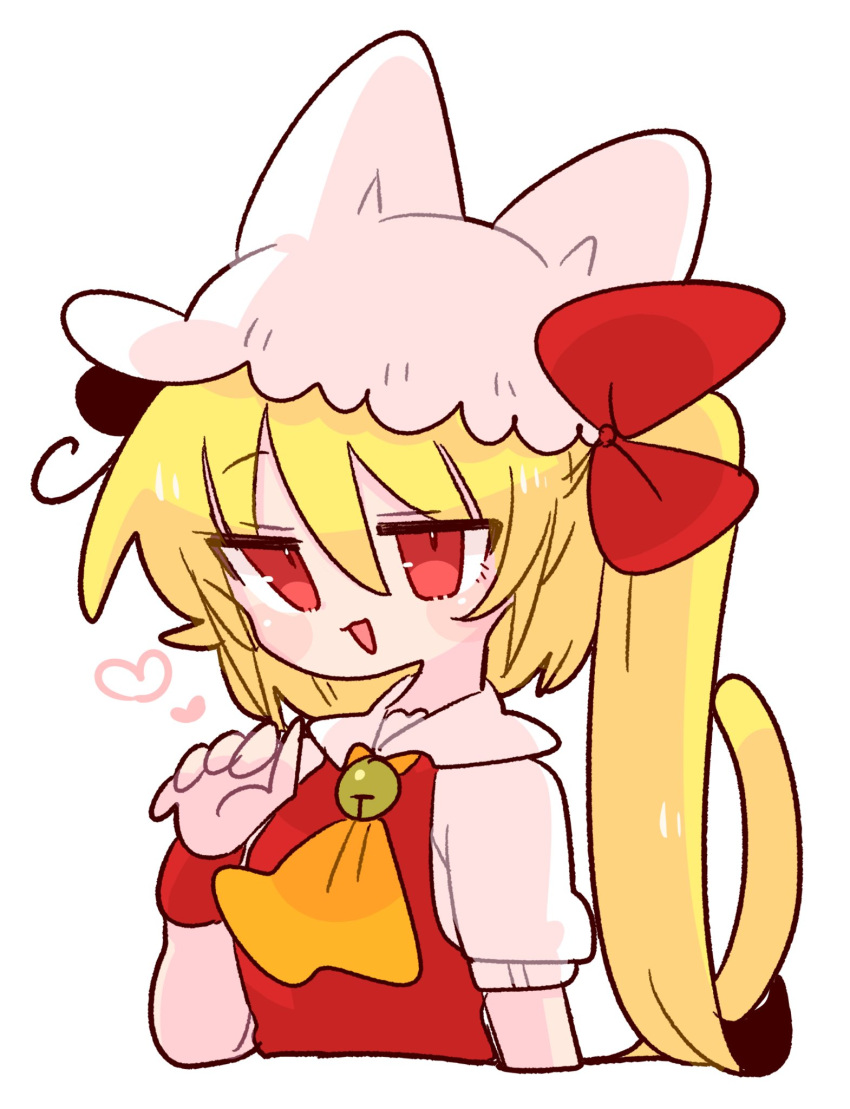 1girl animal_ears ascot back_bow bell blonde_hair bow cat_ears cat_girl cat_tail collared_shirt crystal fang flandre_scarlet frilled_shirt_collar frilled_sleeves frills hat hat_ribbon highres jingle_bell medium_hair mob_cap one_side_up op_na_yarou puffy_short_sleeves puffy_sleeves red_eyes red_ribbon red_vest ribbon shirt short_sleeves simple_background slit_pupils solo tail touhou vest white_background white_headwear white_shirt wings wrist_cuffs yellow_ascot