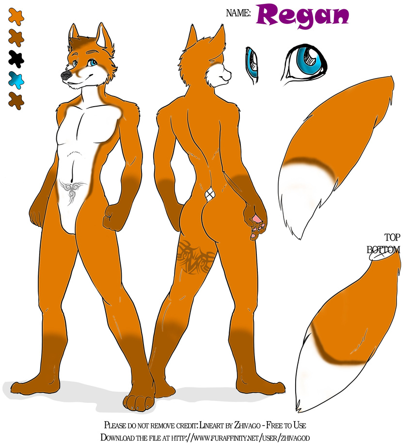 fox fursona male mammal model_sheet plain_background ref_sheet solo tattoo white_background yiffy_foxy zhivagod