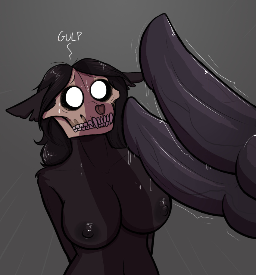 2019 areola big_penis black_fur black_hair breasts canine digital_media_(artwork) duo english_text fear female fur grey_background hair imminent_sex keadonger long_hair looking_at_penis male male/female mammal monster nipples penis scp-1471 scp_foundation simple_background skull sweat teeth text two_penises vein veiny_penis