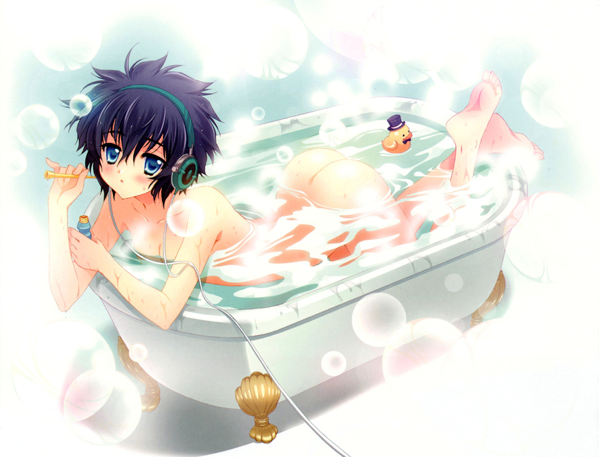 ass black_hair blue_eyes bubbles carnelian headphones nude para-sol scan short_hair yatabe_miu