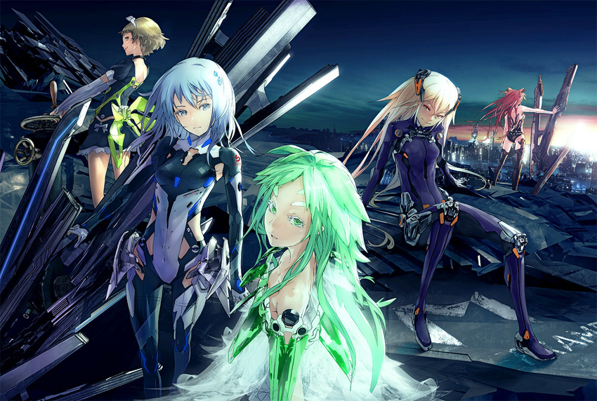 android bare_shoulders beatless blonde_hair blue_eyes blue_hair bodysuit brown_hair character_request cityscape cloud eyebrows green_eyes green_hair huge_weapon kouka_(beatless) leicia long_hair looking_at_viewer mariage md5_mismatch methode multiple_girls red_hair redjuice revision short_hair sky smile snowdrop_(beatless) sunset sword weapon