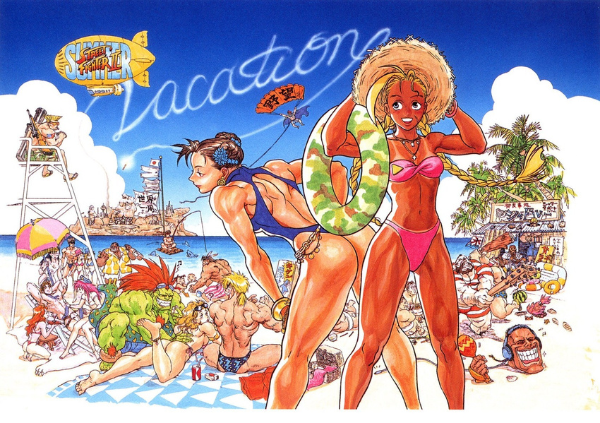 6+girls 90s aircraft anklet ass back balrog bandeau barefoot baseball_bat bazooka beach beach_umbrella beard bent_over bikini bikini_tan blanka blanket blimp blindfold blonde_hair bracelet braid brown_hair buried cammy_white camouflage can capcom casual_one-piece_swimsuit chair chun-li cloud company_connection cross dark_skin day dee_jay dhalsim dirigible double_bun drink earrings edmond_honda eliza_masters everyone eyewear_on_head facial_hair feathers feet fei_long final_fight fishing fishing_rod flag flat_chest food fruit gouki green_skin grin guile gun hang_gliding hat headband headphones highres inflatable_raft innertube instrument japan jewelry ken_masters legs lifeguard lipstick log long_hair lounge_chair lying makeup male_swimwear maracas midriff multiple_boys multiple_girls muscle nail nail_bat native_american navel necklace nishimura_kinu official_art on_back on_stomach one-piece_swimsuit outdoors palm_tree panties parachute peaked_cap pink_hair poison_(final_fight) ponytail raft red_hair rifle roxy ryuu_(street_fighter) sagat sandals shark shop short_hair shorts side-tie_bikini sitting sky skywriting smile sniper_rifle squatting standing strapless straw_hat street_fighter street_fighter_ii_(series) striped sunglasses swim_briefs swim_trunks swimsuit swimwear tan tanline thong thong_bikini thunder_hawk top_hat tree tubetop twin_braids umbrella underwear vega wallpaper water watermelon weapon zangief