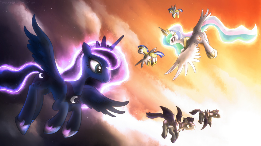 armor cloud clouds cutie_mark equine female feral flying fongsaunder friendship_is_magic glowing glowing_hair green_eyes green_hair group hair horn horse male mammal my_little_pony night pegasus pink_eyes pink_hair pony princess princess_celestia_(mlp) princess_luna_(mlp) purple_hair royal_guard royal_guard_(mlp) royalty simple_background smile stars sun sunrise thestral tiara two_color_hair two_tone_hair white_hair winged_unicorn wings