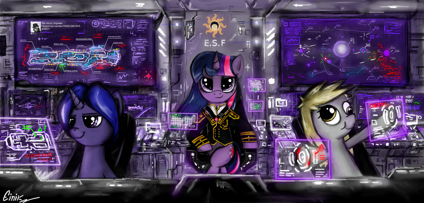 absurd_res amber_eyes blonde_hair blue_hair bridge chart clothed clothing controls crossed_legs cutie_mark derp derpy_hooves_(mlp) detailed_background einik equine female friendship_is_magic hair hi_res hologram horn horse looking_at_viewer mammal map my_little_pony panel pink_hair pony princess_luna_(mlp) purple_eyes purple_hair sci-fi ship smile suit twilight_sparkle_(mlp) two_color_hair two_tone_hair unicorn