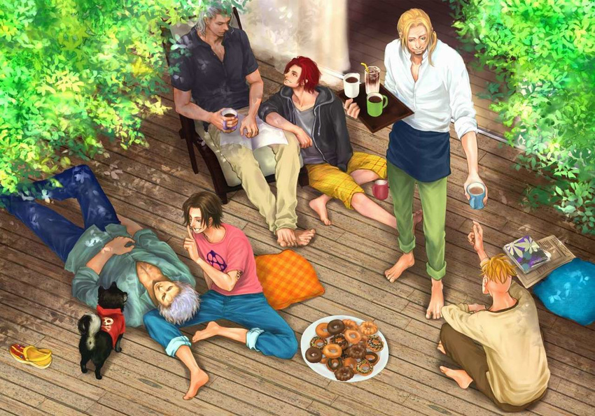 6+boys 6boys barefoot ben_beckman black_hair book coffee coffee_mug dog doughnut drink food grey_hair long_hair male male_focus male_only marco mister_donut multiple_boys one_piece outdoors pirate plant ponytail portgas_d_ace red_hair scar shanks sitting smoker tattoo thatch tray tree white_hair