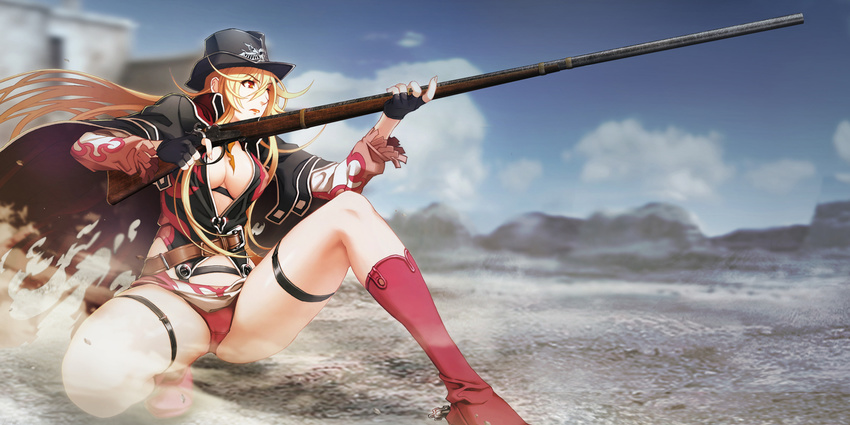 blonde_hair cowboy_hat donne_anonime fingerless_gloves full_body gloves gun hat highres long_hair nishii_(nitroplus) official_art one_eye_closed panties red_panties rifle underwear weapon western zoku_satsuriku_no_django