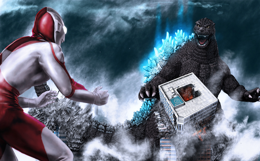 building cloud cloudy_sky crossover destruction fighting_stance glowing glowing_eyes godzilla godzilla_(series) kaijuu male_focus open_mouth sharp_teeth sky smoke solo teeth ultra_series ultraman ultraman_(1st_series) zeze