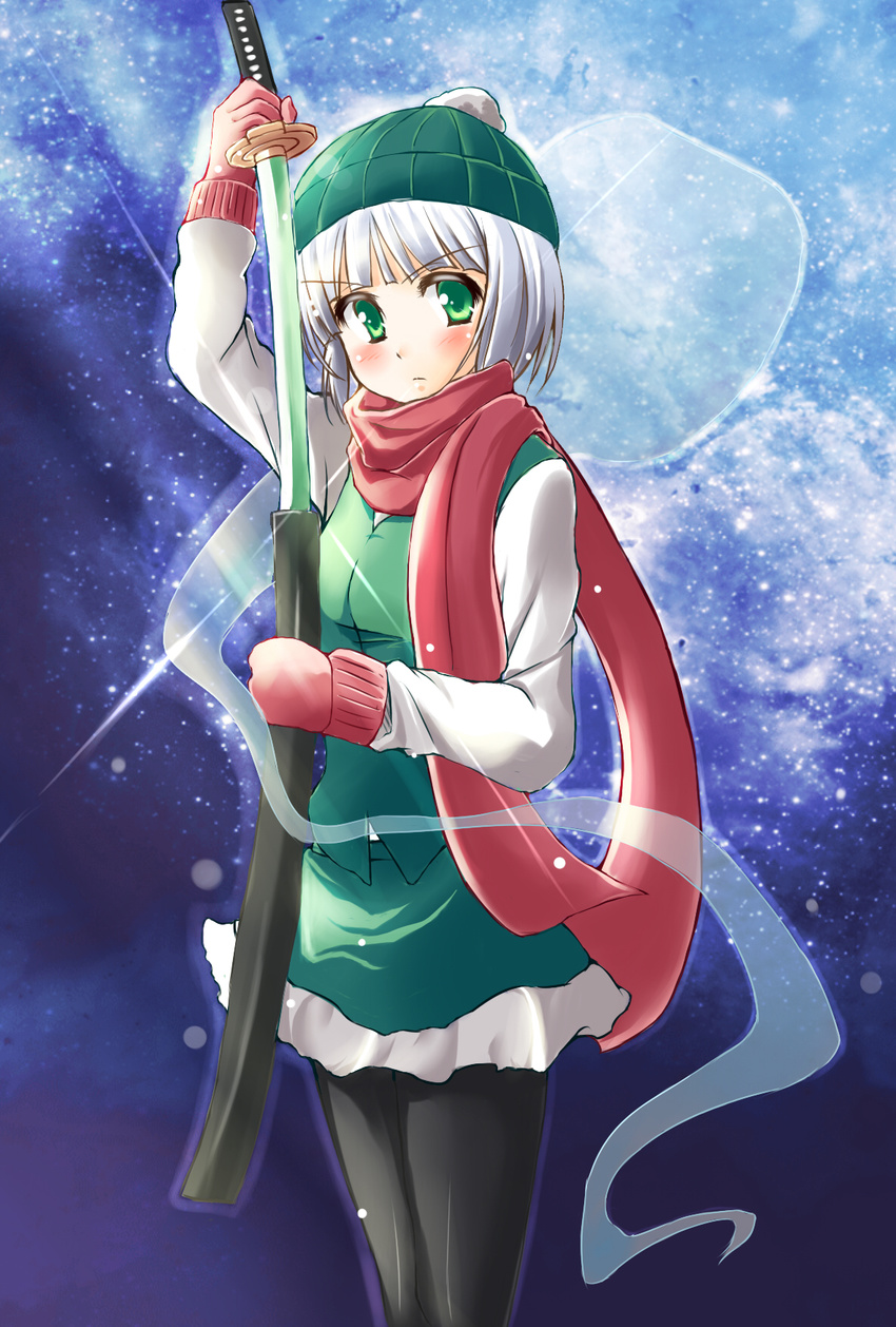 beanie black_legwear ghost green_eyes hat highres hitodama katana konpaku_youmu konpaku_youmu_(ghost) mittens night night_sky pantyhose red_scarf scabbard scarf sheath shimamura_youmu short_hair silver_hair skirt sky solo star_(sky) starry_sky sword touhou unsheathing vest weapon yukiya_(shiya)