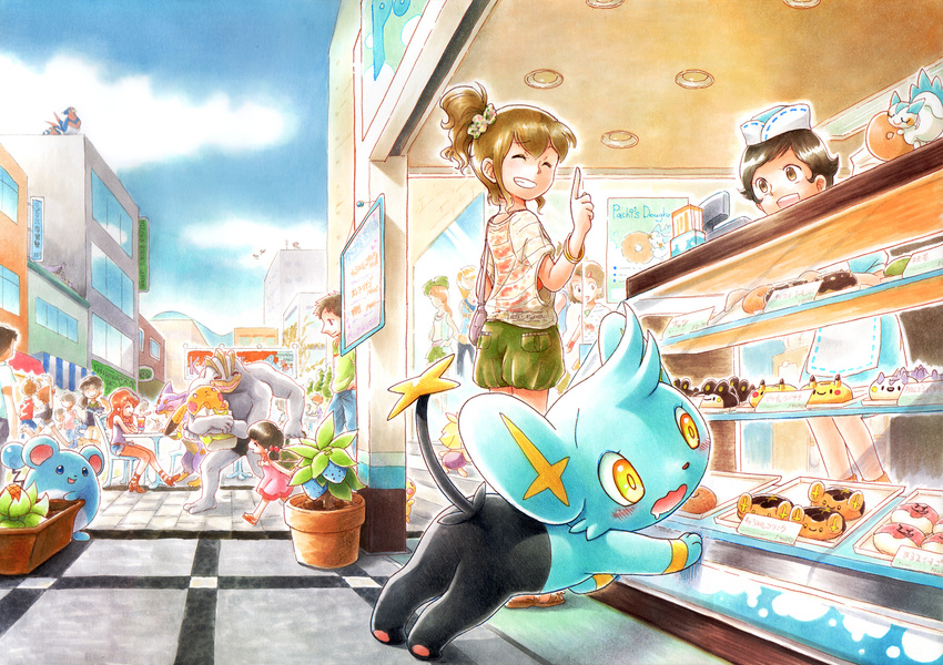 6+girls bag bakery berry black_hair blue_sky blush bracelet brown_hair cameo chair character_doll child city closed_eyes cloud day delcatty doughnut drinking_straw drooling electrode emolga food gen_1_pokemon gen_2_pokemon gen_3_pokemon gen_4_pokemon gen_5_pokemon grin handbag hat ice_cream jewelry liepard machamp mannequin marill multiple_boys multiple_girls objectification open_mouth outdoors pachirisu pavement pichu pikachu plant pokemon pokemon_(creature) ponytail poster potted_plant rawst_berry running_bond saliva sandals scrunchie shinx shop shopping_bag short_hair shorts sign sitting sky smile smoochum staraptor stuffed_animal stuffed_toy swellow table taillow themed_object traditional_media voltorb wartortle wataametulip
