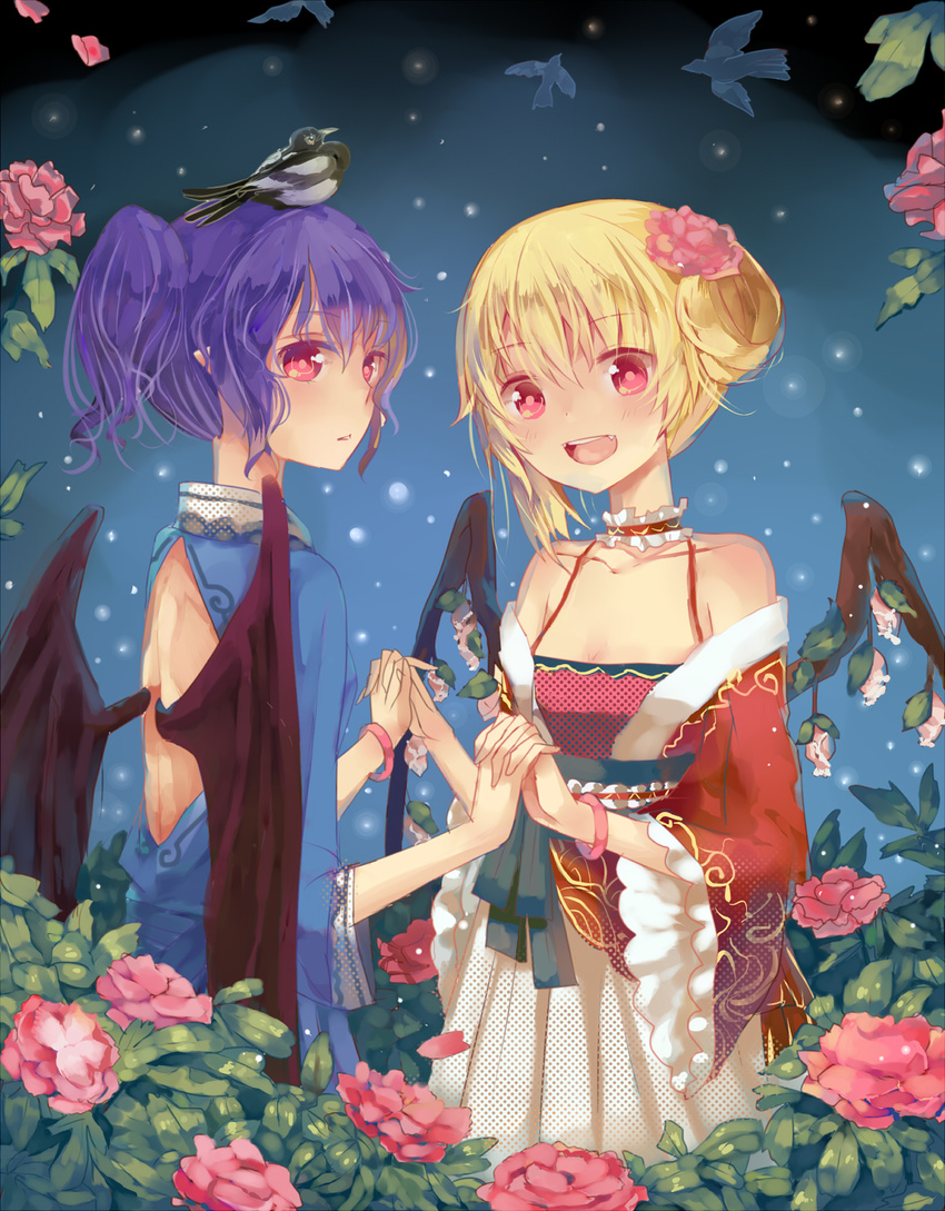 alternate_costume alternate_hairstyle animal bat_wings bird blush bunuojiang choker collarbone fang flandre_scarlet flower frills hair_ornament highres holding_hands long_sleeves multiple_girls open_mouth purple_hair red_eyes remilia_scarlet rose short_hair siblings sisters touhou wide_sleeves wings