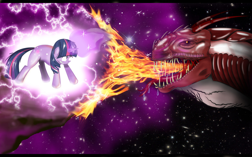 2011 combat cutie_mark dragon equine fangs female feral fire friendship_is_magic hair hereticofdune horn horse lightning magic male mammal my_little_pony orange_eyes pink_hair pony purple_hair saliva simple_background space teeth tongue tongue_out twilight_sparkle_(mlp) two_color_hair two_tone_hair unicorn wallpaper white_eyes