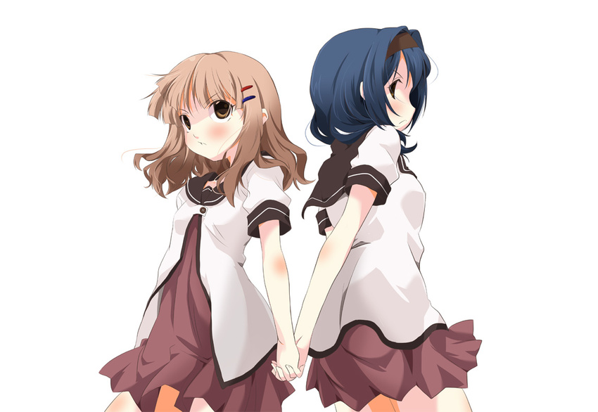 blonde_hair blue_hair braid dress furutani_himawari hair_ornament hairband hairclip ko-chin multiple_girls nanamori_school_uniform oomuro_sakurako sailor_dress school_uniform serafuku tsundere yuru_yuri