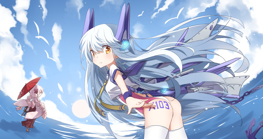 absurdres anchor ass bent_over chain crop_top day highres le_fantasque_(zhan_jian_shao_nyu) lizi long_hair looking_at_viewer mechanical_ears ocean one-piece_swimsuit oriental_umbrella outdoors shirt short_sleeves sky solo_focus steelblue_mirage swimsuit swimsuit_under_clothes thighhighs umbrella very_long_hair white_hair white_legwear white_shirt yellow_eyes zhan_jian_shao_nyu