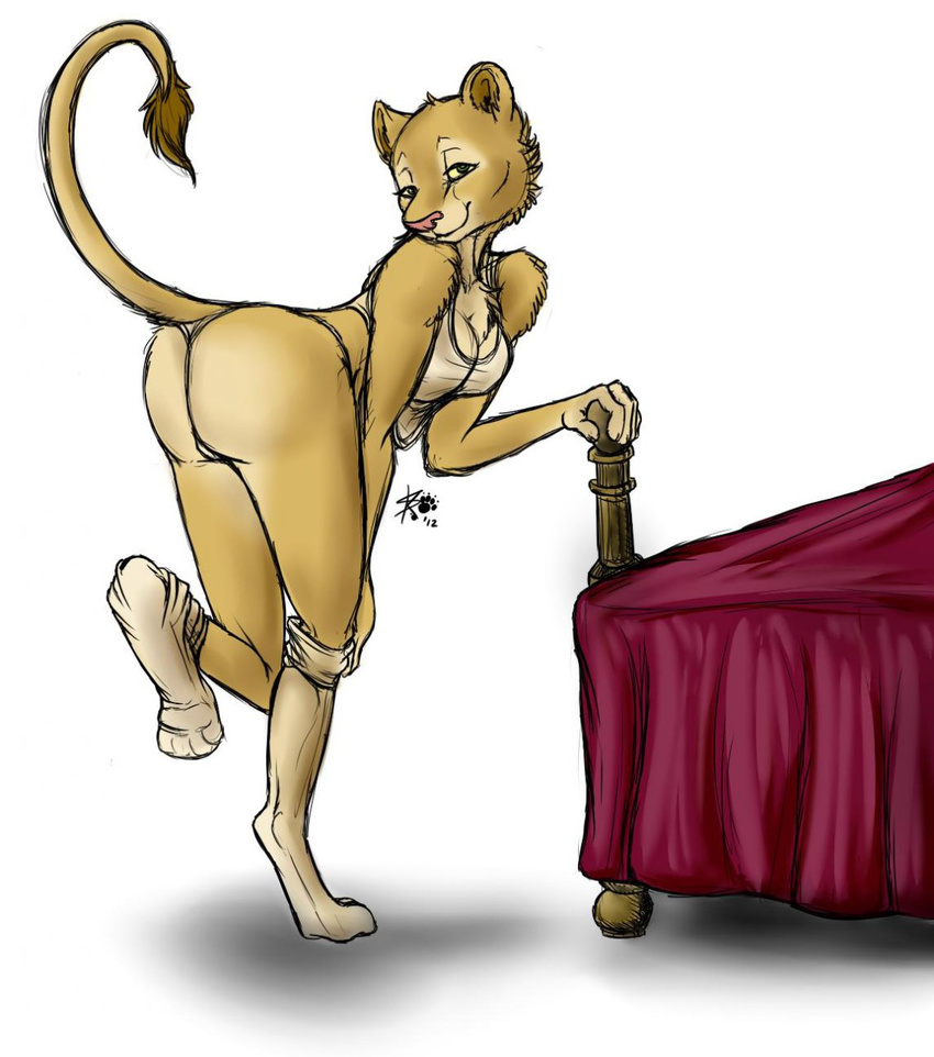 bed breasts butt clothed clothing digitigrade feline female lion looking_at_viewer mammal panties pose raised_tail seductive sketchkat skimpy socks solo standing underwear