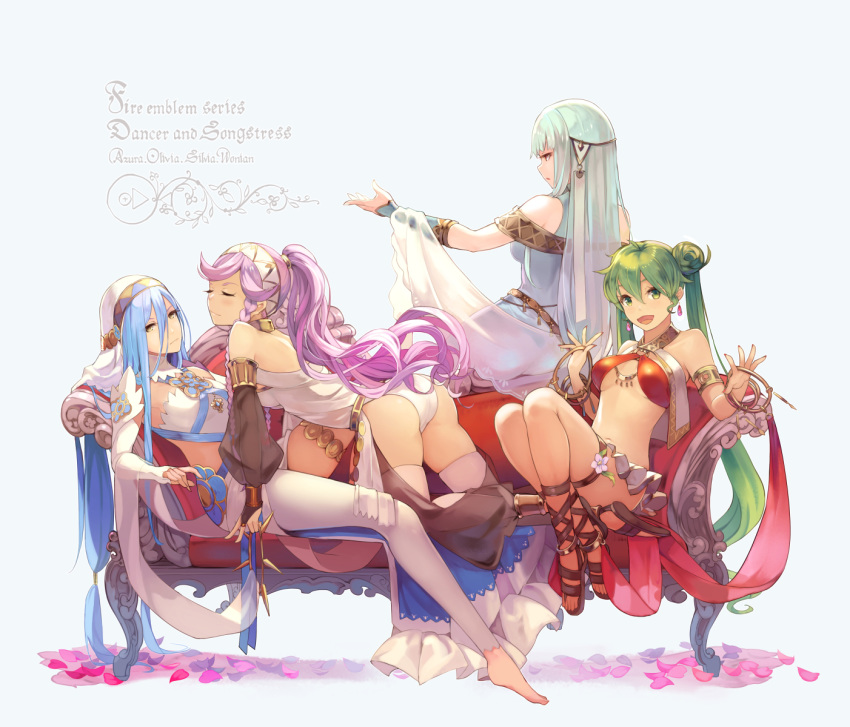 all_fours anklet aqua_(fire_emblem_if) arabian_clothes armlet ass asymmetrical_docking bare_shoulders barefoot blue_hair blush braid breast_press breasts character_name circlet closed_eyes commentary_request couch dancer detached_sleeves dress elbow_gloves feet fingerless_gloves fire_emblem fire_emblem:_kakusei fire_emblem:_rekka_no_ken fire_emblem:_seisen_no_keifu fire_emblem_heroes fire_emblem_if gloves green_hair hair_ornament hairband harem_outfit highres jewelry kurosawa_tetsu long_hair looking_at_viewer low-tied_long_hair mamkute midriff multiple_girls navel necklace ninian olivia_(fire_emblem) open_mouth panties pink_eyes pink_hair ponytail red_eyes sandals shawl silver_hair simple_background single_thighhigh smile stomach sylvia_(fire_emblem) thighhighs toes trait_connection twin_braids twintails typo underwear veil very_long_hair white_legwear yellow_eyes