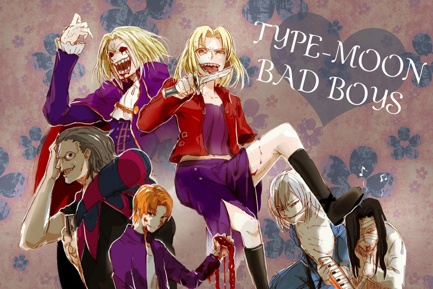 black_hair blonde_hair blood bloody_tears caster_(fate/zero) company_connection crossover fate/zero fate_(series) intestines jacket kara_no_kyoukai male_focus melty_blood michael_roa_valdamjong multiple_boys orange_hair red_eyes red_jacket shirazumi_lio toono_shiki_(2) torinoko_tamago tsukihime type-moon uryuu_ryuunosuke wallachia white_hair