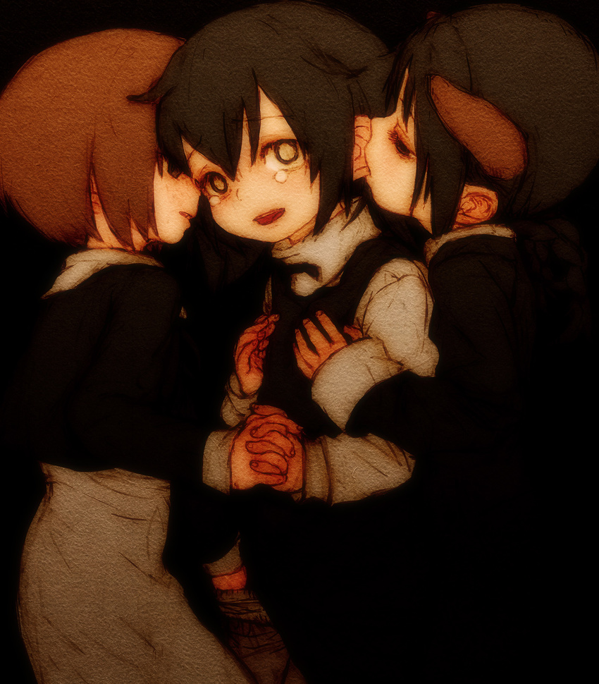 3girls akita_(akitaland_gothic) akitaland_gothic biting black_background black_hair brown_hair ear_biting feral_lemma highres horns interlocked_fingers multiple_girls open_mouth short_hair simple_background tears yuri