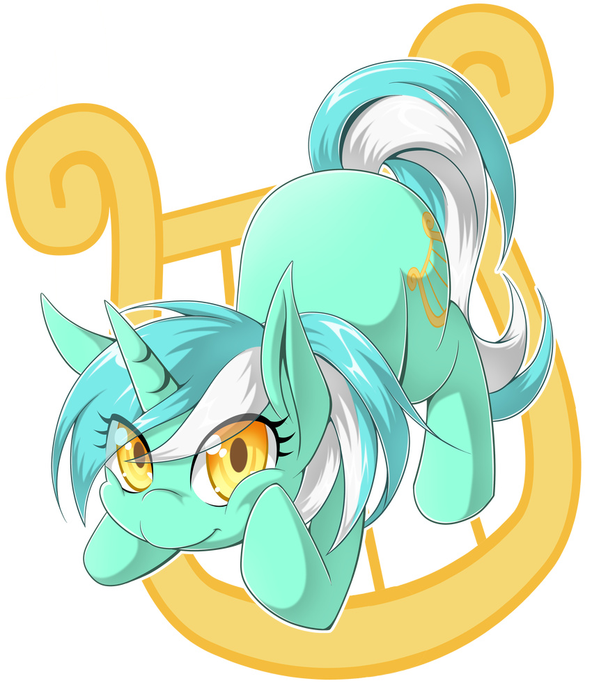 absurd_res alpha_channel amber_eyes cutie_mark equine female feral friendship_is_magic fur green_fur green_hair hair harp hi_res horn horse looking_at_viewer lyra_(mlp) lyra_heartstrings_(mlp) lyre mammal musical_instrument my_little_pony plain_background pony simple_background smile solo transparent_background two_color_hair two_tone_hair unicorn white_hair zaiyaki
