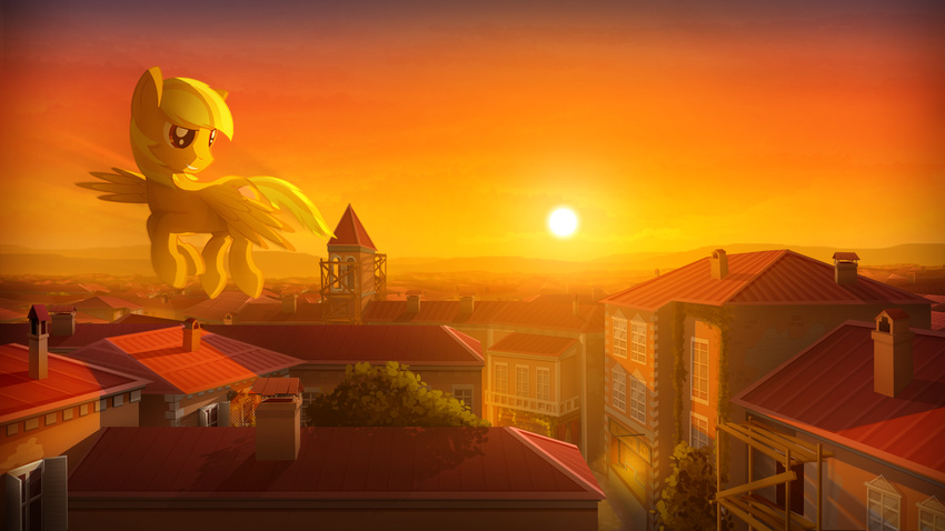amazing_background amber amber_eyes blonde_hair building detailed_background equine female flying fur gign-3208 hair horse mammal my_little_pony orange_fur outside pegasus pony sky solo sun sunset town tree wings wood
