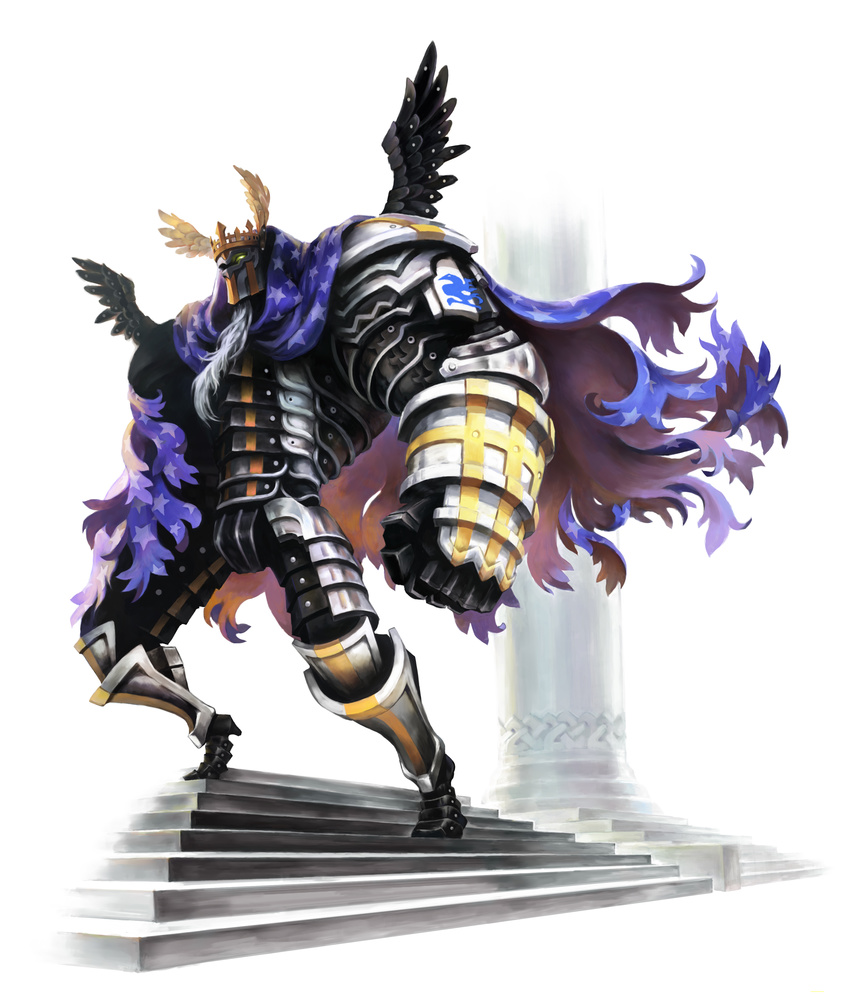 absurdres armor beard cape facial_hair faulds full_armor gauntlets greaves head_wings helmet highres kamitani_george male_focus odin_(odin_sphere) odin_sphere solo stairs wings