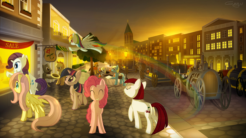 applejack_(mlp) bag balcony beard blonde_hair blue_eyes blue_fur brown_eyes brown_fur brown_hair cutie_mark derpy_hooves_(mlp) detailed_background equine eyes_closed facial_hair female feral fluttershy_(mlp) flying friendship_is_magic fur gign-3208 gign3208 green_eyes grey_fur group hair hat hobo horn horse lamppost light male mammal manhole multi-colored_hair my_little_pony paper pegasus pink_eyes pink_fur pink_hair pinkie_pie_(mlp) pony purple_eyes purple_hair rainbow rainbow_dash_(mlp) rainbow_hair rarity_(mlp) red_hair scenery sign spike_(mlp) street sunset town traffic_cone tree twilight_sparkle_(mlp) two_color_hair two_tone_hair unicorn wagon white_fur window wings wood yellow_fur