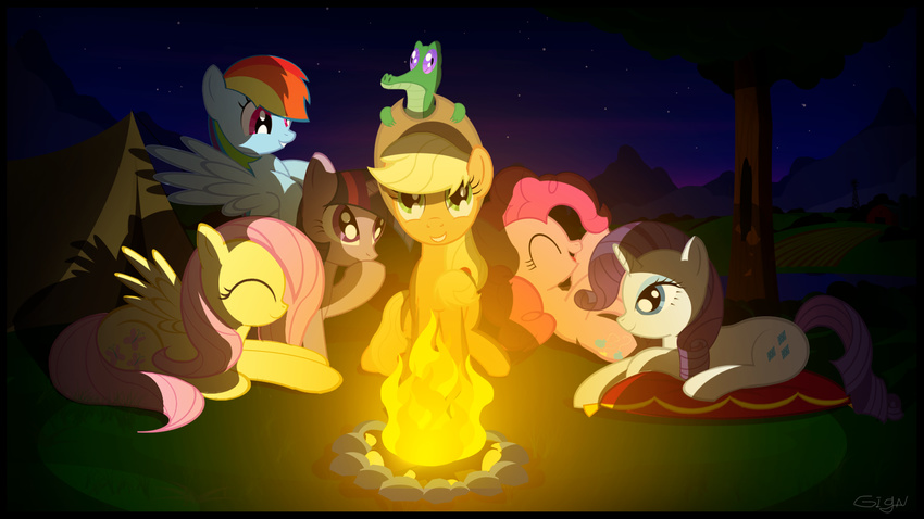 alligator applejack_(mlp) blonde_hair blue_eyes blue_fur brown_fur campfire camping cutie_mark detailed_background equine eyes_closed female feral fire fluttershy_(mlp) friendship_is_magic fur gign-3208 grass green_skin gummy_(mlp) hair hat horn horse lying mammal multi-colored_hair my_little_pony night on_back pegasus pillow pink_fur pink_hair pinkie_pie_(mlp) pony purple_eyes purple_fur purple_hair rainbow_dash_(mlp) rainbow_hair rarity_(mlp) reptile scalie smile stars tent tree twilight_sparkle_(mlp) two_color_hair two_tone_hair unicorn white_fur wings wood yellow_fur