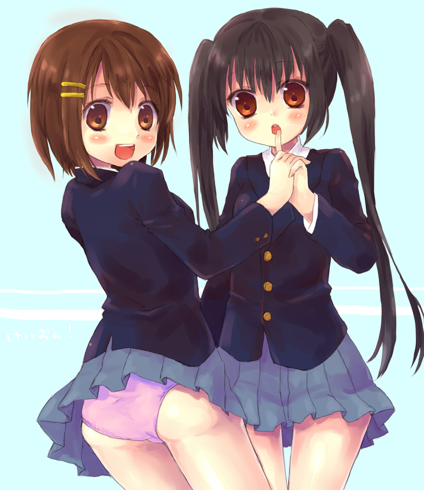 bad_id bad_pixiv_id black_hair brown_eyes brown_hair haruno_ichigo highres hirasawa_yui k-on! long_hair multiple_girls nakano_azusa no_legwear panties school_uniform short_hair twintails underwear