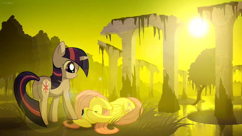 cutie_mark detailed_background equine female feral fluttershy_(mlp) friendship_is_magic fur gign-3208 grass green_eyes hair horn horse mammal marsh moss my_little_pony pegasus pink_hair pony purple_eyes purple_fur purple_hair ruins scenery shaded stone sun swamp tree twilight_sparkle_(mlp) two_color_hair two_tone_hair unicorn water wings wood yellow_fur