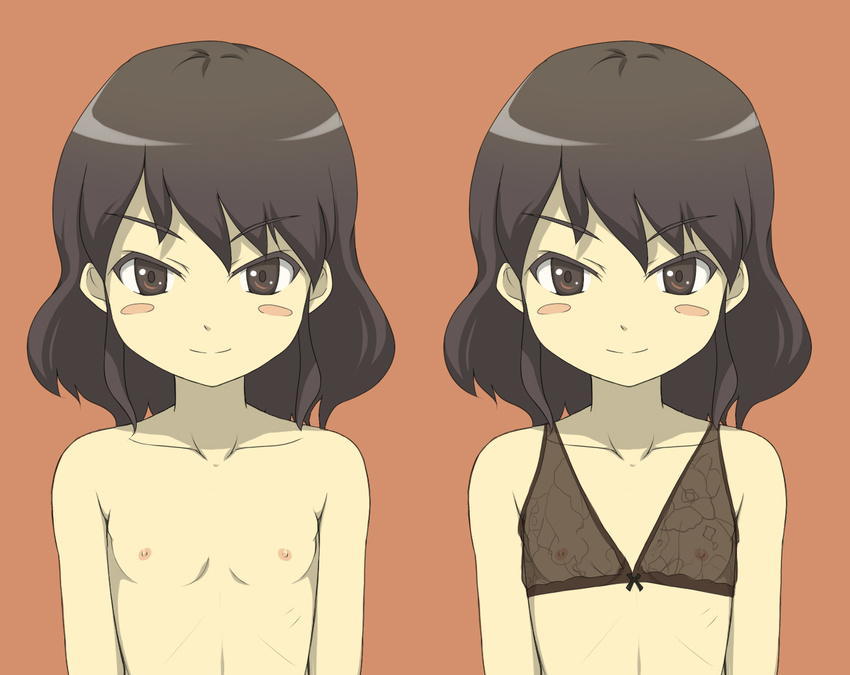 bare_shoulders blush blush_stickers bra closed_mouth collarbone daizu_sanchi flat_chest lingerie nipples nude orange_background original see-through short_hair simple_background smile tsurime underwear underwear_only upper_body