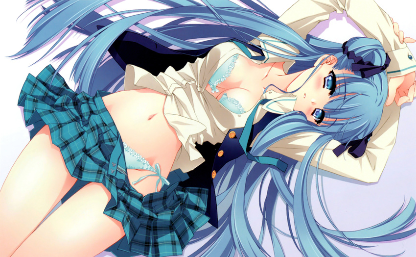 absurdres arms_up blue_bra blue_eyes blue_hair blue_panties blush bra breasts carnelian cleavage double_bun highres long_hair lying medium_breasts navel on_back open_clothes open_shirt panties para-sol plaid plaid_skirt pleated_skirt ribbon scan shirt side-tie_panties skirt solo thigh_gap underwear unfastened vest yatabe_noa