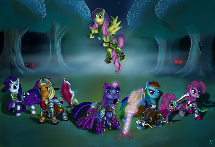applejack_(mlp) armor blade blonde_hair blue_eyes blue_fur book clothed clothing cutie_mark danosix detailed_background equine female feral fluttershy_(mlp) forest friendship_is_magic fur green_eyes group hair hi_res horn horse looking_at_viewer magic mammal multi-colored_hair my_little_pony night orange_fur pegasus pink_fur pink_hair pinkie_pie_(mlp) polearm pony purple_eyes purple_fur purple_hair rainbow_dash_(mlp) rainbow_hair rarity_(mlp) red_eyes staff stars tree twilight_sparkle_(mlp) two_color_hair two_tone_hair unicorn weapon white_fur wings wood yellow_fur