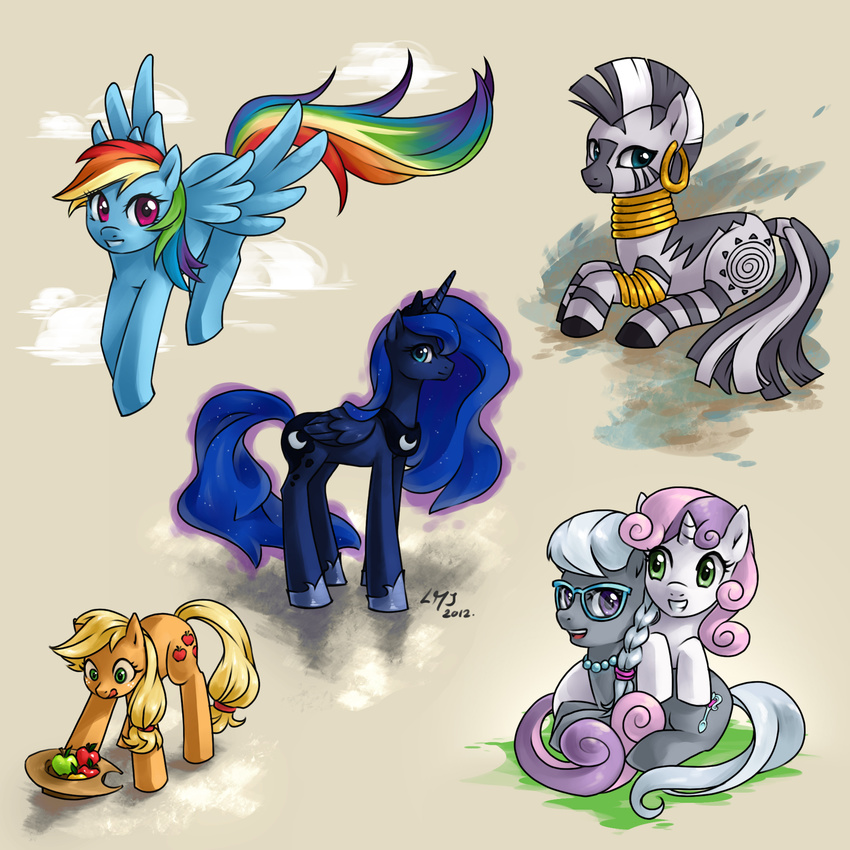 anklet apple applejack_(mlp) black_hair blonde_hair blue_eyes blue_fur blue_hair brown_fur cloud clouds cub cutie_mark ear_piercing equine eyewear female feral friendship_is_magic fruit fur glasses green_eyes grey_fur group hair hat horn horse katiramoon looking_at_viewer mammal multi-colored_hair my_little_pony necklace pegasus piercing pink_hair pony princess_luna_(mlp) purple_eyes purple_hair rainbow_dash_(mlp) rainbow_hair silver_spoon silver_spoon_(mlp) simple_background sweetie_belle_(mlp) two_color_hair two_tone_hair unicorn white_fur white_hair winged_unicorn wings young zebra zecora_(mlp)