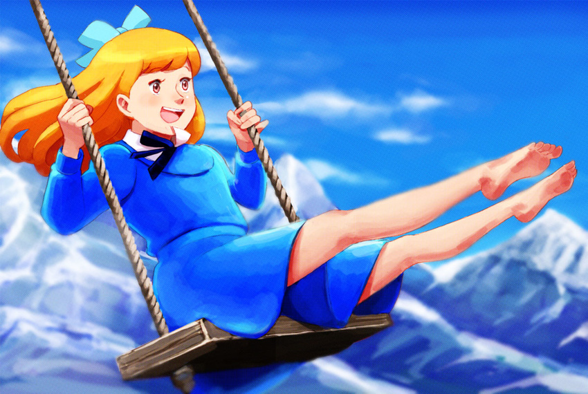 70s :d alps_no_shoujo_heidi barefoot blonde_hair blue blue_skirt bow day feet hair_bow happy klara_sesemann lafolie long_sleeves oldschool open_mouth red_eyes skirt sky smile soles solo swing toes world_masterpiece_theater