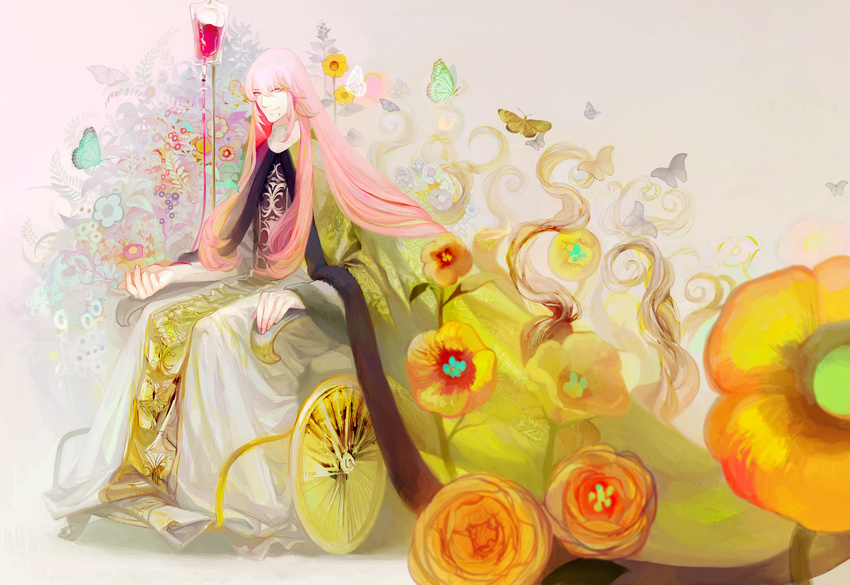 bad_id bad_pixiv_id bug butterfly cape flower highres insect intravenous_drip long_hair male_focus mole pale_color pink_hair pixiv_fantasia pixiv_fantasia_sword_regalia simple_background smile very_long_hair wheelchair y_(0euf)
