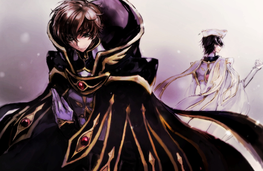 black_hair brown_hair c_(rahit) cape code_geass gloves green_eyes kururugi_suzaku lelouch_lamperouge male_focus multiple_boys short_hair