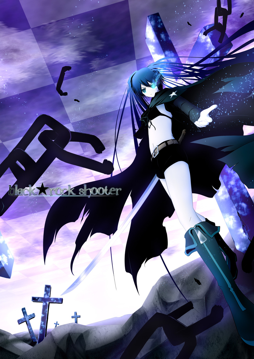 bad_id bad_pixiv_id belt black_rock_shooter black_rock_shooter_(character) blue_eyes boots chain cross flat_chest highres inaba_usagi_(rabbit_works) latin_cross long_hair midriff navel shorts solo sword twintails weapon