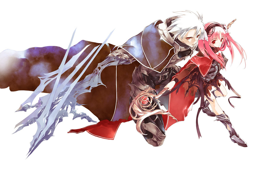 1girl albino armor armored_boots bangs belt blue_cape boots cape claw_(weapon) closed_mouth eyebrows_visible_through_hair fantasy frown full_body hairband holding holding_staff holding_weapon long_hair long_sleeves original parted_bangs pink_hair red_cape red_eyes ribbon staff sumi_keiichi twintails weapon