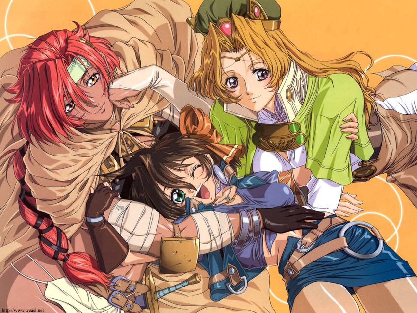 arm_grab bandages belt blonde_hair blush bow braid bridal_gauntlets brown_hair cape chin_rest choker circlet dark_skin dutch_angle earrings facial_mark fingerless_gloves gloves green_eyes hair_bow hat headband hug hug_from_behind jacket jeannie jewelry long_hair mahou_senshi_louie melissa_(mahou_senshi_louie) merrill midriff miniskirt multiple_girls muscle navel necklace one_eye_closed orange_eyes pantyhose ponytail purple_eyes red_hair shirt short_hair skirt smile sword tied_shirt wallpaper watermark weapon yokota_mamoru